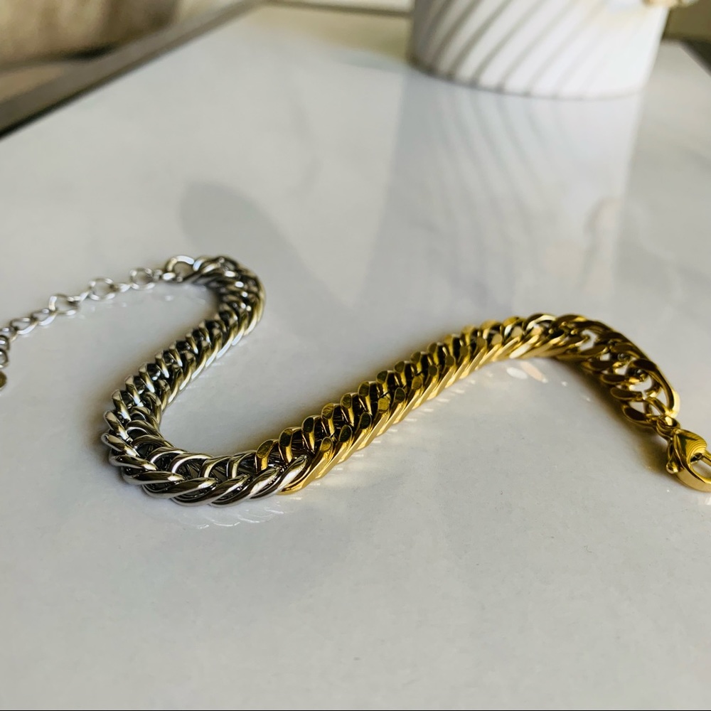 18k Gold Plated Curb Link Bracelet 7.5” Two Tone No Tarnish Stainless Steel